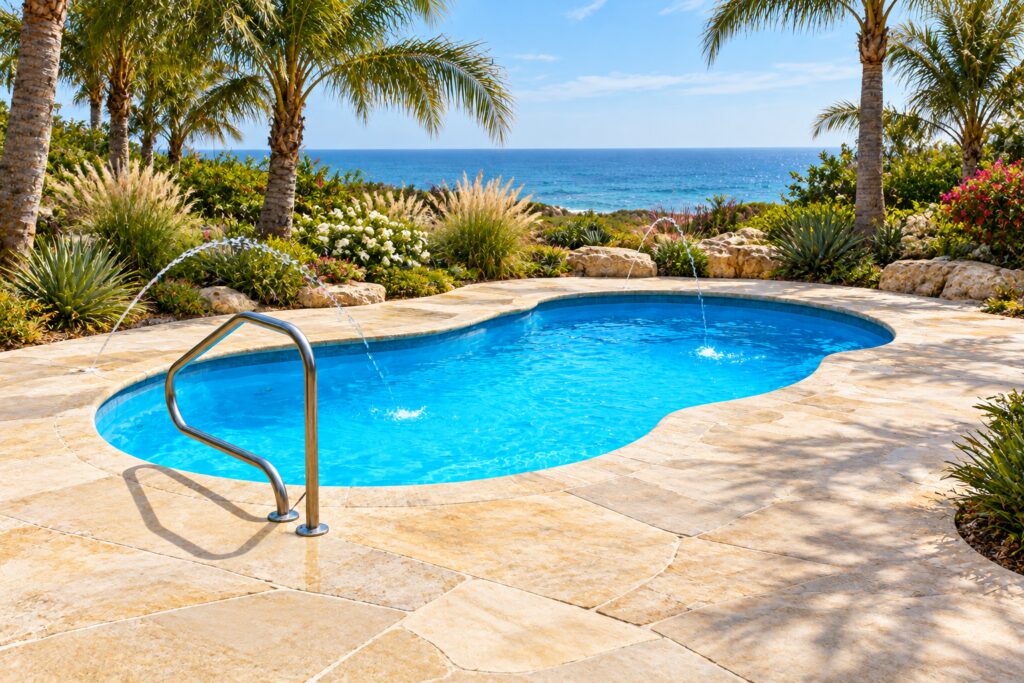 San Juan Lelani freeform pool with curved entry steps, metal handrail and water jets beside a coastal sandstone terrace.