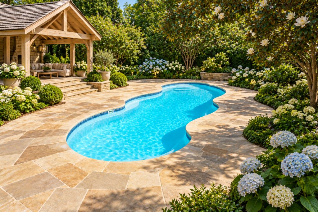 San Juan Mirage curved pool surrounded by sandstone paving, flowering garden beds and a timber pavilion