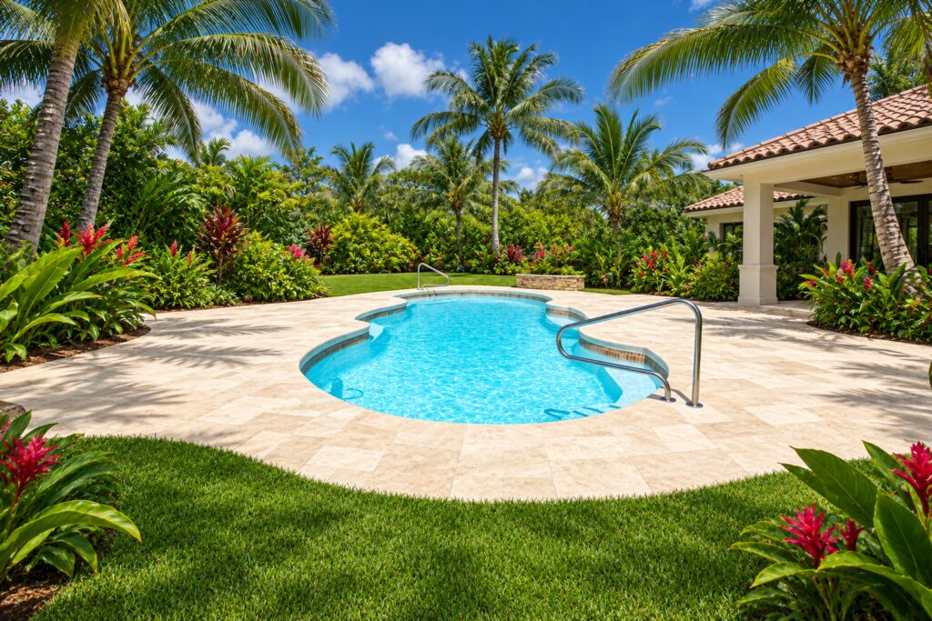 San Juan Mirage freeform pool with curved entry, ivory travertine paving, palm trees and a tropical garden