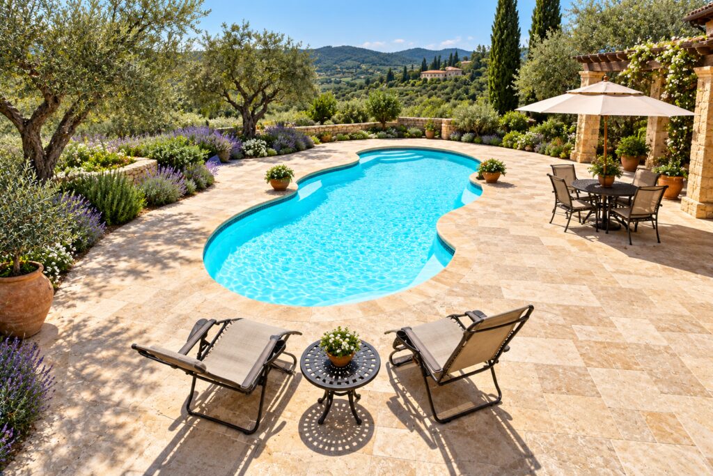Elevated view of a San Juan Mirage pool with scalloped sides, entry steps, limestone paving and an olive garden