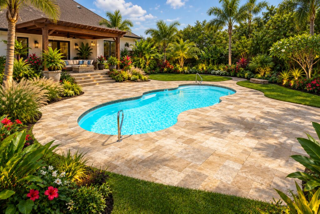 Wide view of a San Juan Mirage freeform pool with handrails, stone pavers, lawn and subtropical landscaping