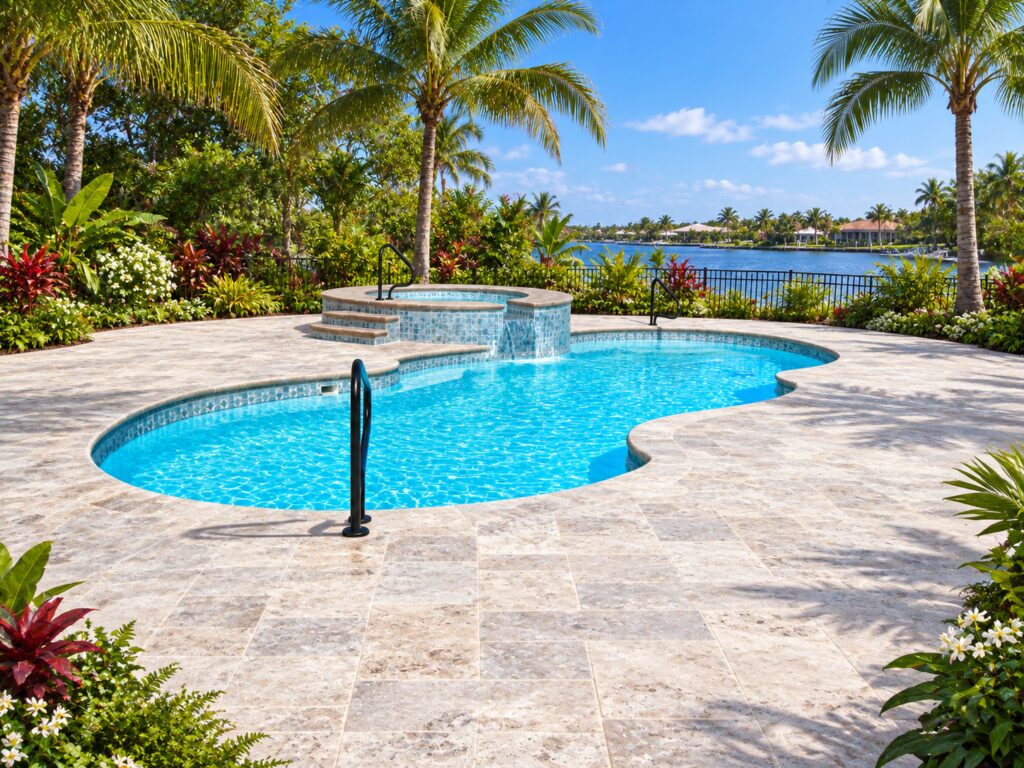 San Juan Mirage pool beside a raised spa with spillway, silver stone paving and coastal palms