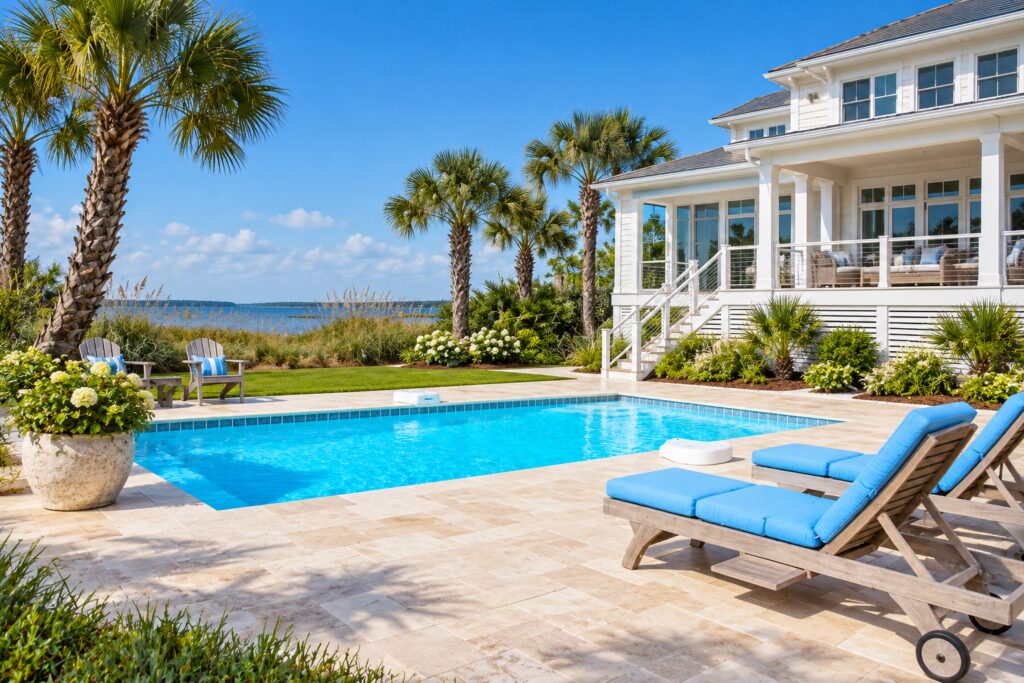 San Juan Monte Carlo pool with pale stone paving, blue cushioned loungers, palms and a coastal garden