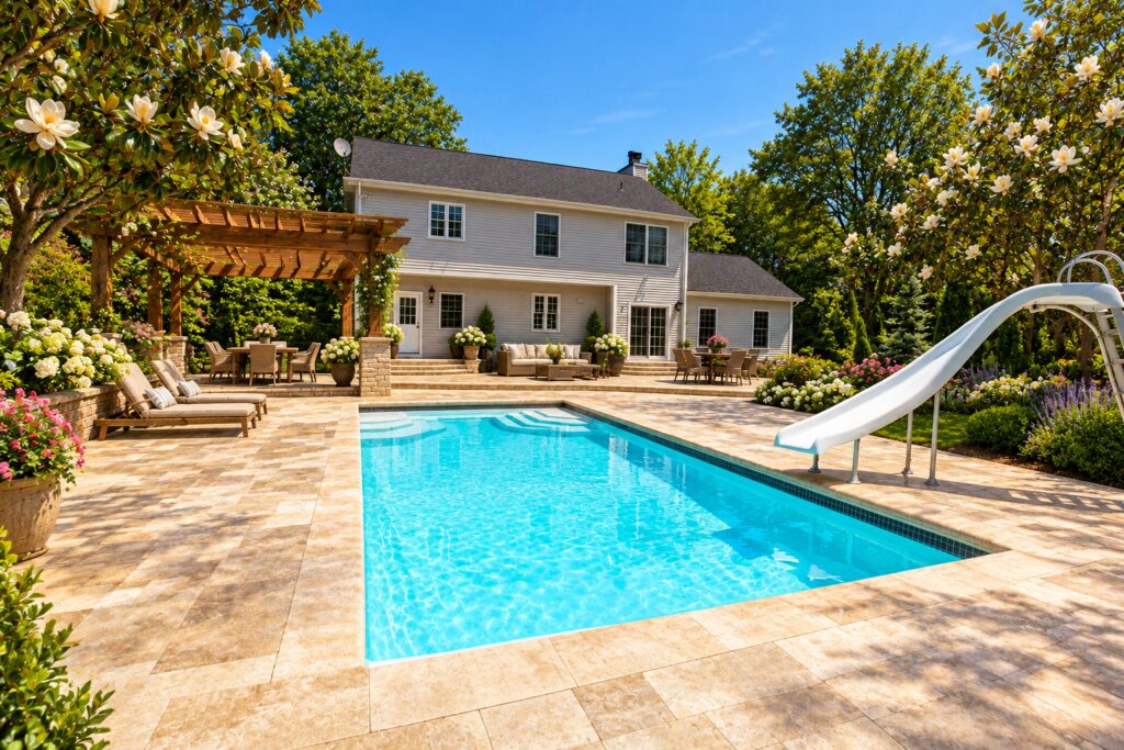 San Juan Monte Carlo pool with molded steps, a slide, warm travertine paving, magnolias and a timber pergola
