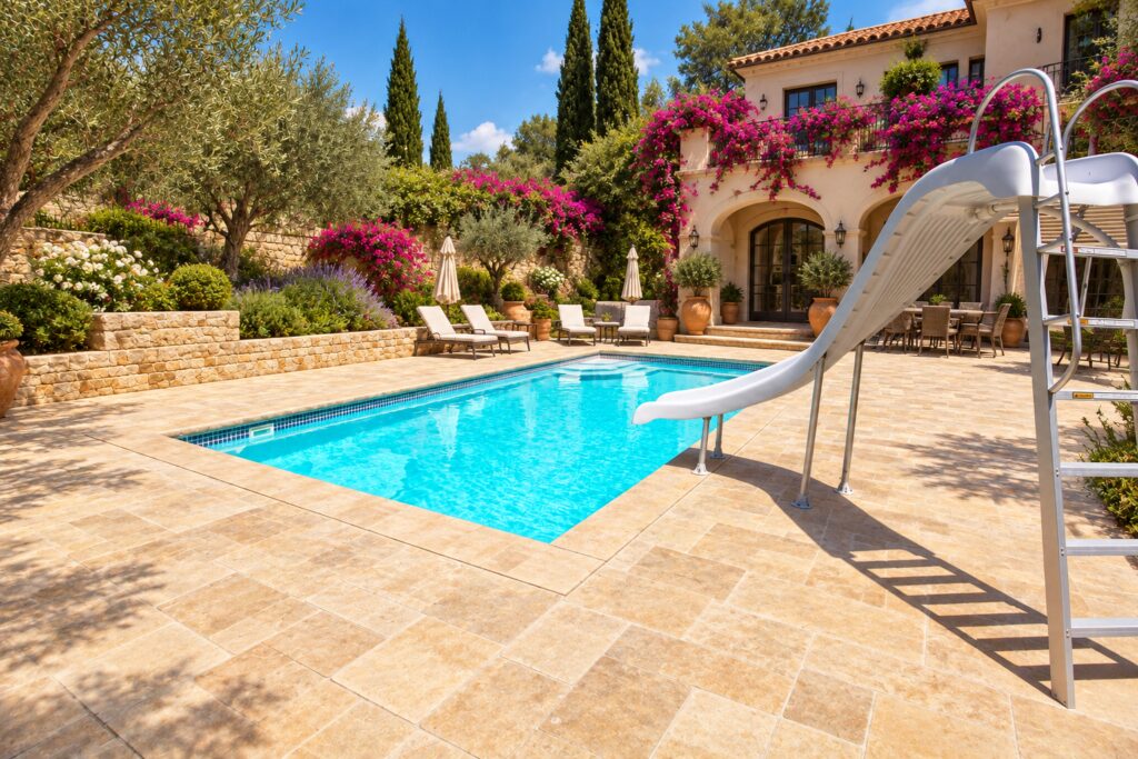 San Juan Monte Carlo rectangular pool with corner steps and a slide beside a bougainvillea courtyard and stone pavers
