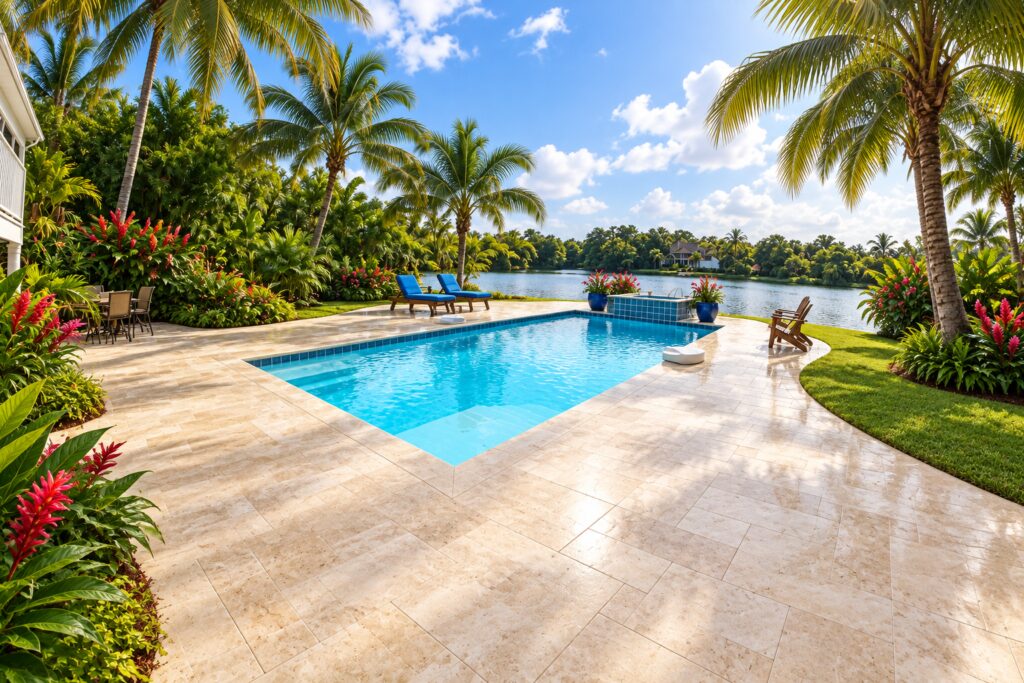 San Juan Monte Carlo pool with ivory travertine paving, palm trees, flowering ginger and a waterfront lawn