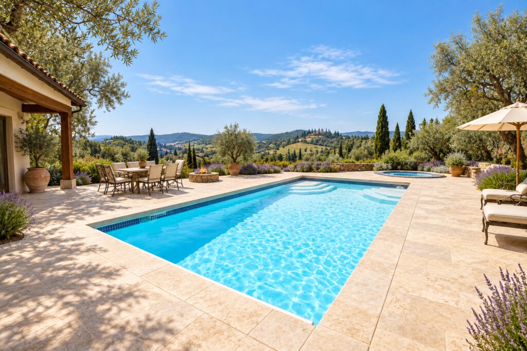 San Juan Monte Carlo rectangular pool with molded corner steps, cream limestone terrace, olive trees and lavender