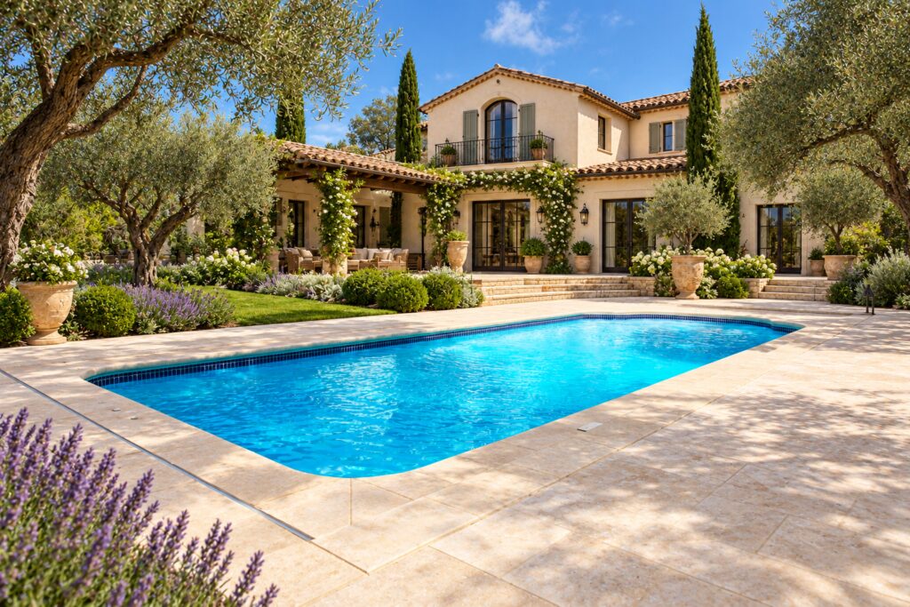 San Juan Pacific pool beside ivory limestone paving, olive trees and a Mediterranean villa