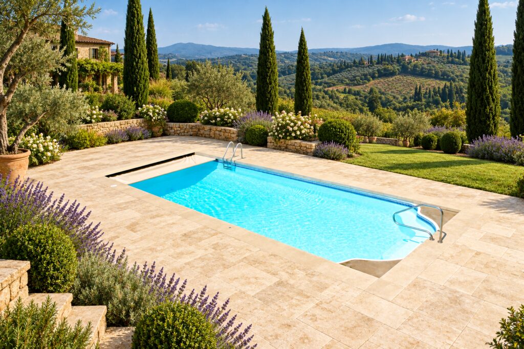 San Juan Pacific pool with entry handrail, travertine patio and cypress trees overlooking rolling hills