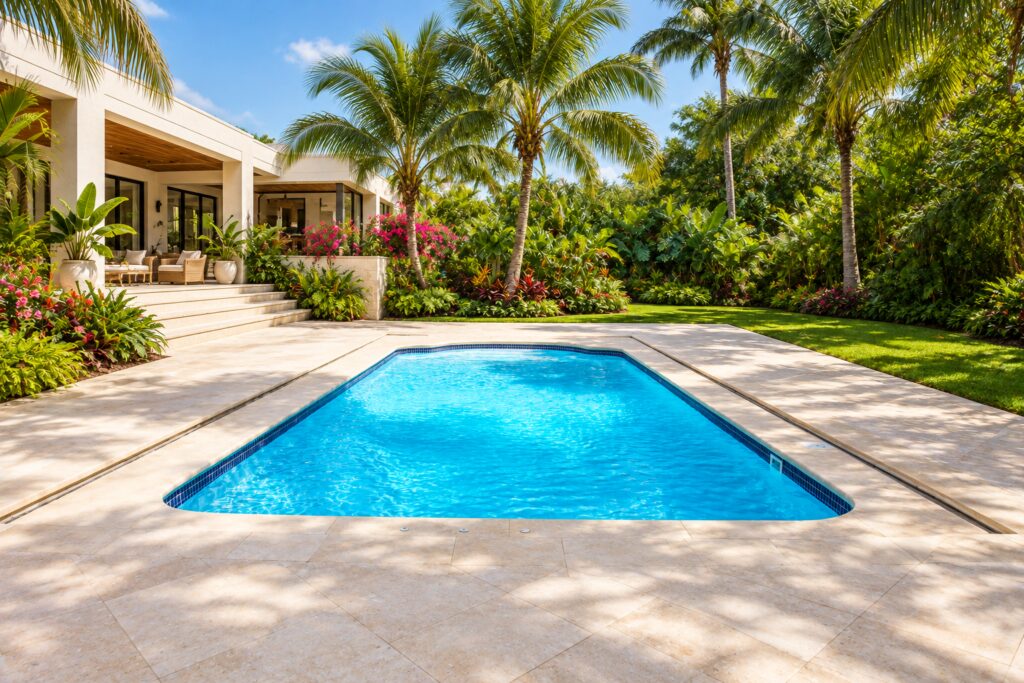 San Juan Pacific pool with blue tile edging, light stone paving and a tropical villa garden
