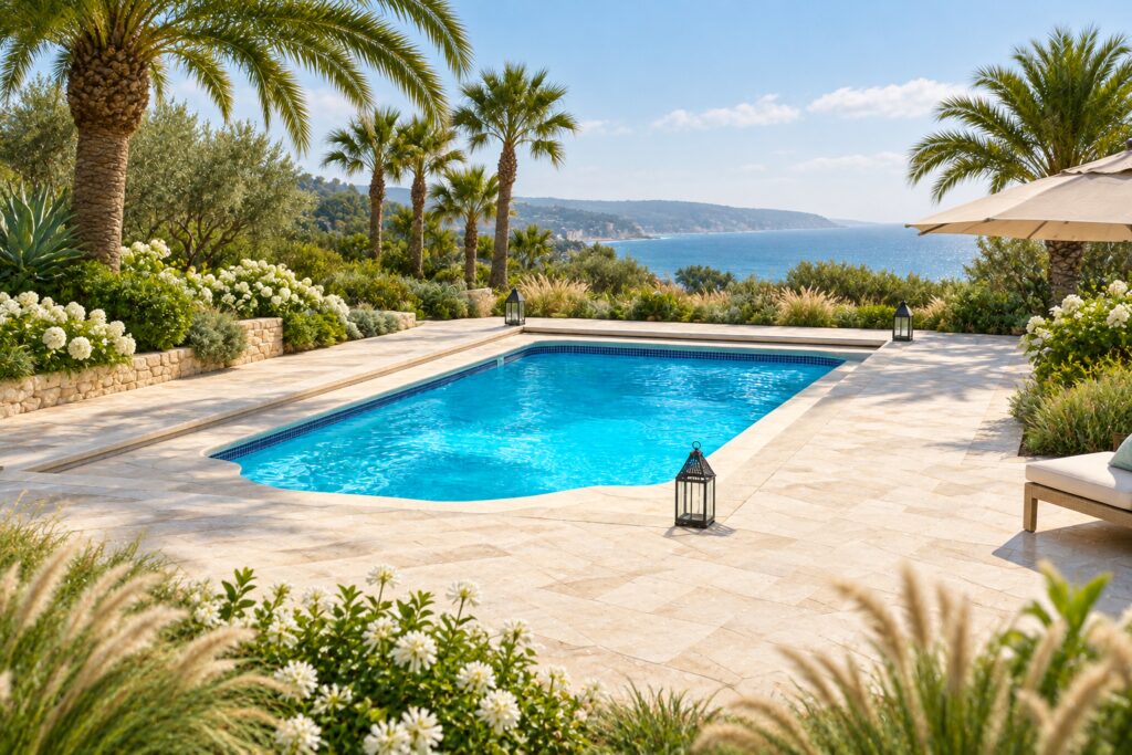 San Juan Pacific pool with a curved entry end, pale travertine patio and coastal garden view