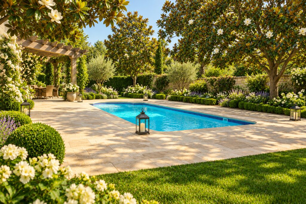 San Juan Pacific pool surrounded by limestone paving, magnolia trees and a garden pergola