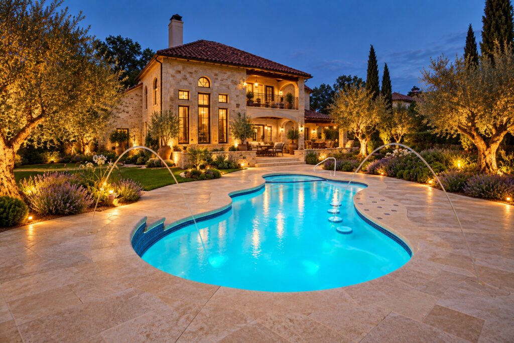 San Juan Pleasure Island pool with scalloped curves, round underwater stools and fountain arcs beside limestone paving and a Mediterranean villa at dusk.