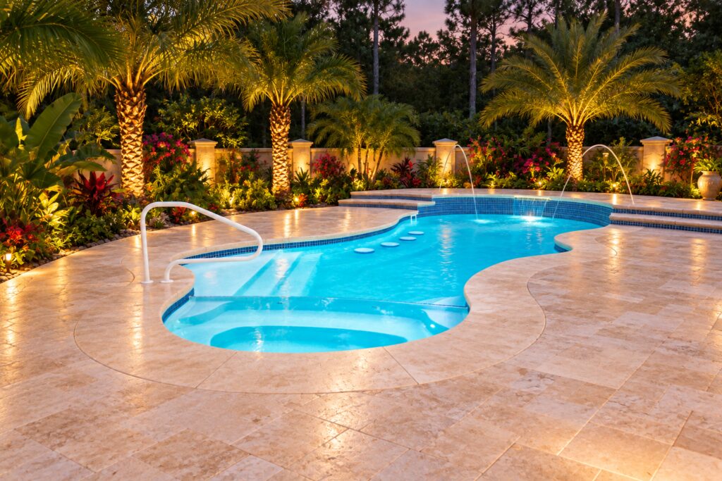 San Juan Pleasure Island freeform pool with integrated spa, entry steps and submerged stools surrounded by travertine paving and illuminated palms.