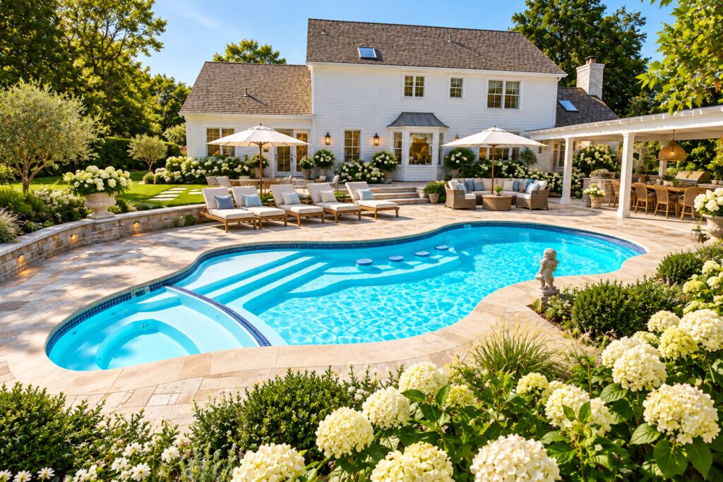 Elevated view of a San Juan Pleasure Island pool with circular spa, broad entry stairs and four submerged stools beside natural stone paving and hydrangeas.