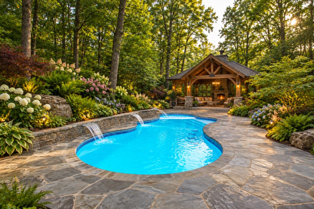 San Juan Pleasure Island pool with rounded end, curved sides and three waterfalls surrounded by gray flagstone and woodland planting.