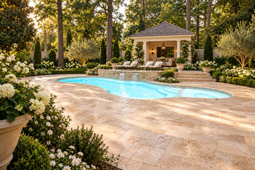 Side view of a San Juan Pleasure Island pool and integrated spa with a stone waterfall wall, cream travertine patio and flowering garden pavilion.