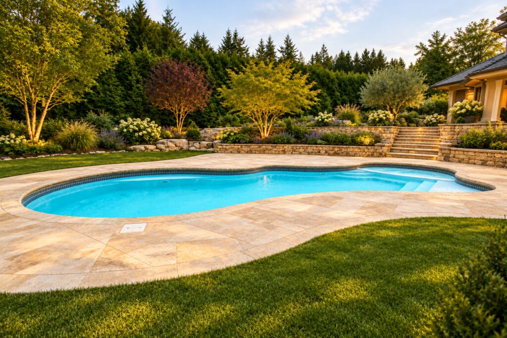 San Juan Pleasure Island freeform pool with built-in entry steps and spa beside limestone paving, natural lawn and terraced garden beds.
