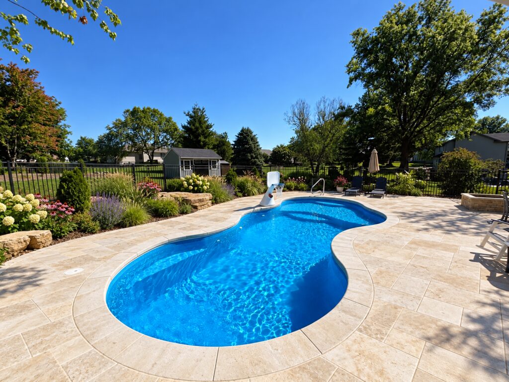 Edited design inspiration showing a Costa Azul freeform pool with blue water, limestone patio, garden borders, basketball hoop and handrail.