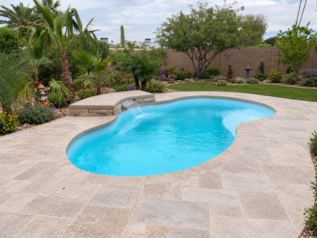 Edited design inspiration showing a Crystal Cove pool with limestone patio, palm garden and stacked-stone waterfall.