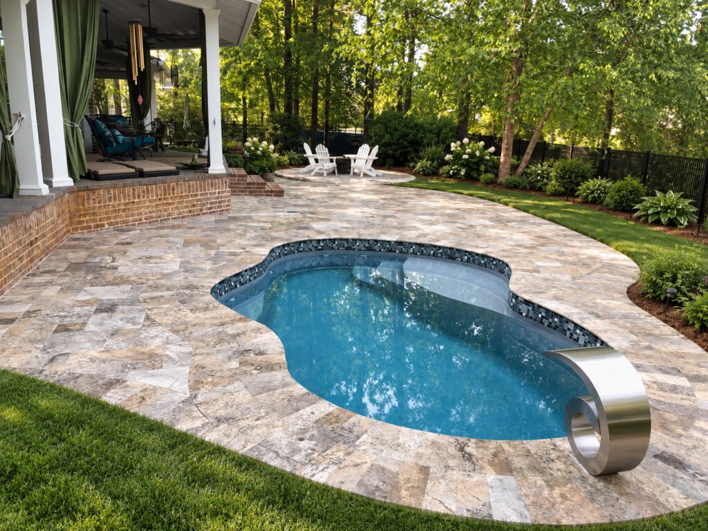 Edited design inspiration showing a Crystal Cove pool with mosaic tile, stone paver patio and curved stainless-steel water feature beside a porch.