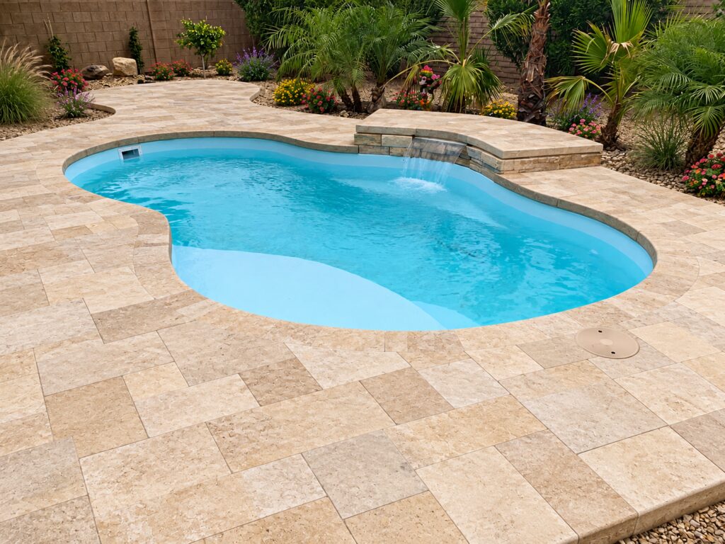Edited design inspiration showing a Crystal Cove pool with shallow shelf, natural stone patio and stacked-stone waterfall.