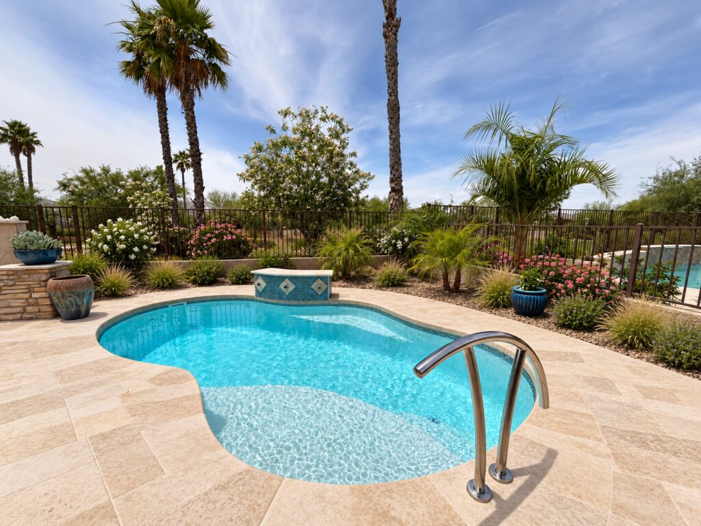 Edited design inspiration showing a Crystal Cove pool with curved entry shelf, stainless handrail, travertine patio and tiled water feature.