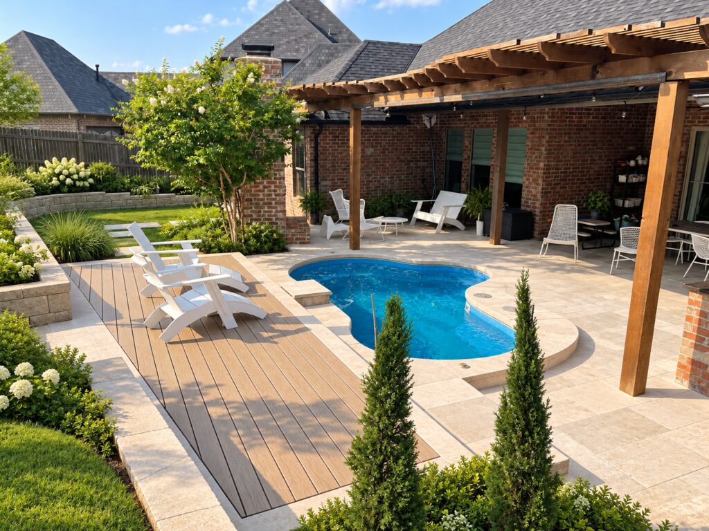Compact Crystal Springs pool beside a wood sun deck and limestone pergola courtyard. Digitally edited design inspiration.