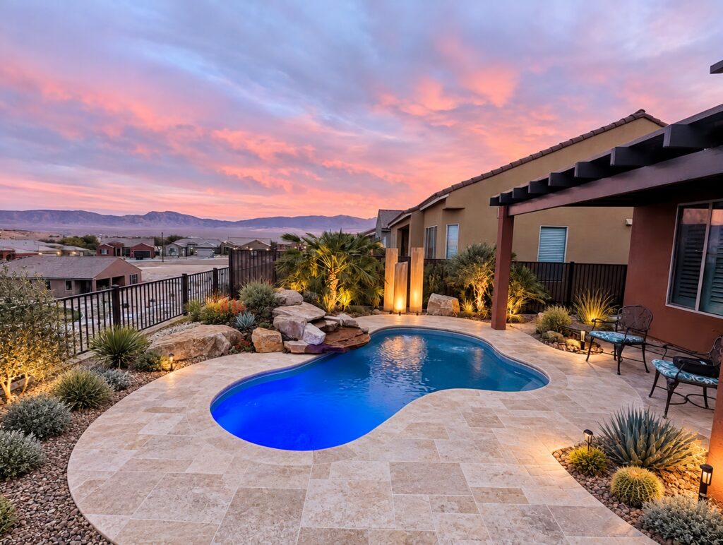 Freeform Crystal Springs pool at sunset with pale travertine paving and desert planting. Digitally edited design inspiration.