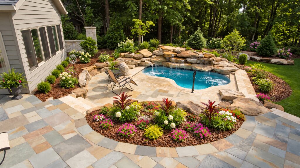 Crystal Springs pool with stacked rock waterfall and limestone paving. Digitally edited design inspiration.