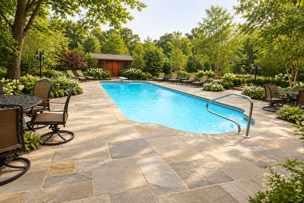 Dallas pool in a woodland garden with natural stone patio and entry rail. Digitally edited design inspiration.