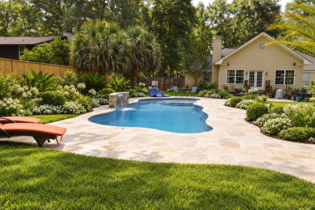 San Juan Daytona Beach Pool – Tropical Cottage Limestone Design Inspiration Daytona Beach pool beside a cottage with limestone paving and tropical borders. Digitally edited design inspiration.